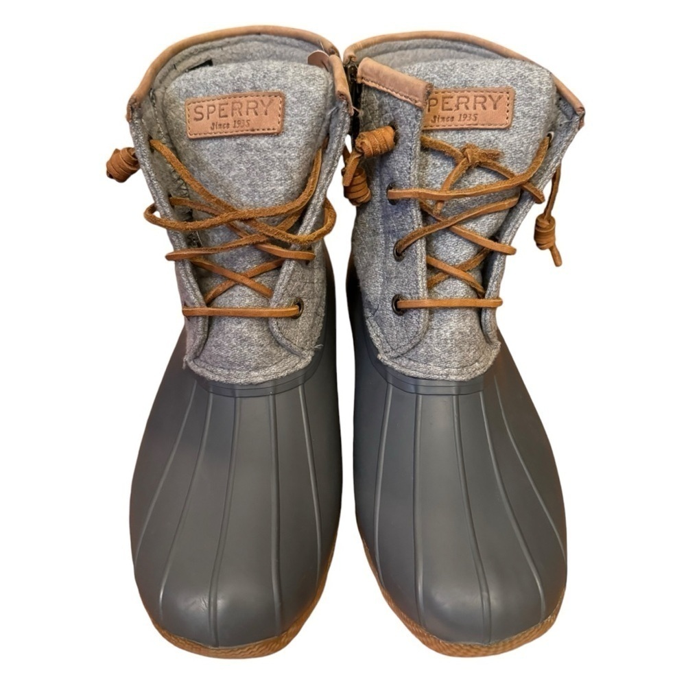 EUC Sperry duck boots, rubber rainboots, grey and tan, size 7